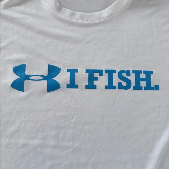 Under Armour White Short Sleeve Tee with Blue Logo - "I FISH" - Picture 2 of 5